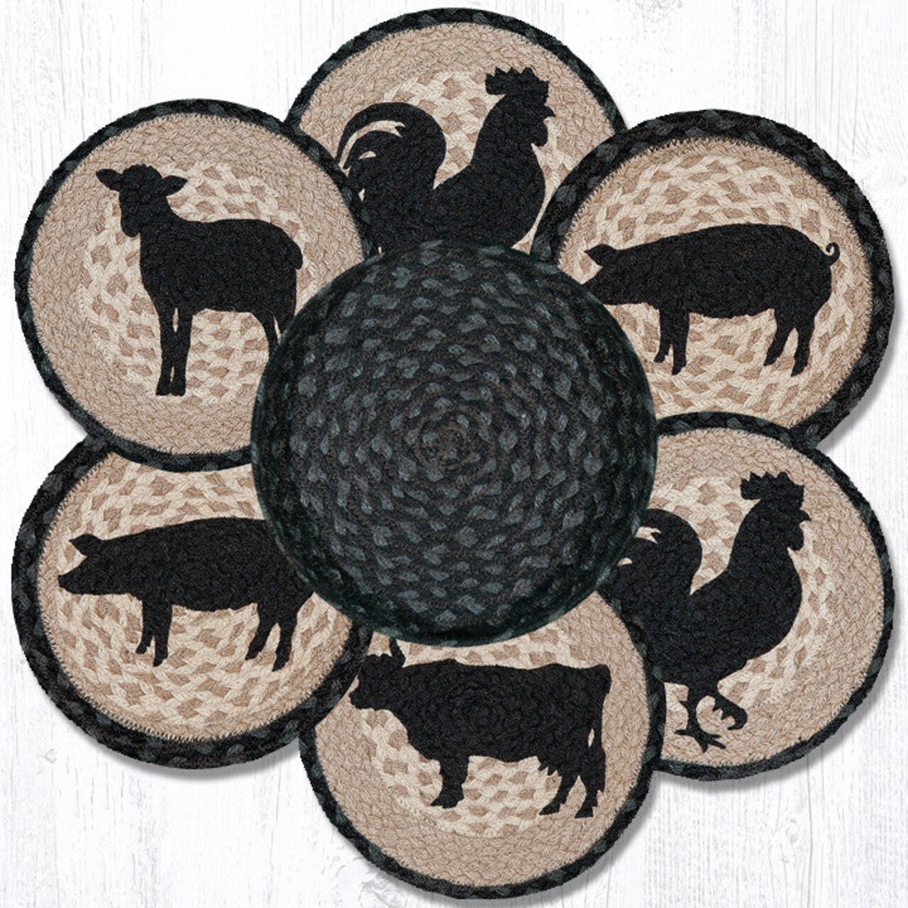 Earth Rugs TNB-459 Barnyard Animals Trivets in a Basket 10" x 10"